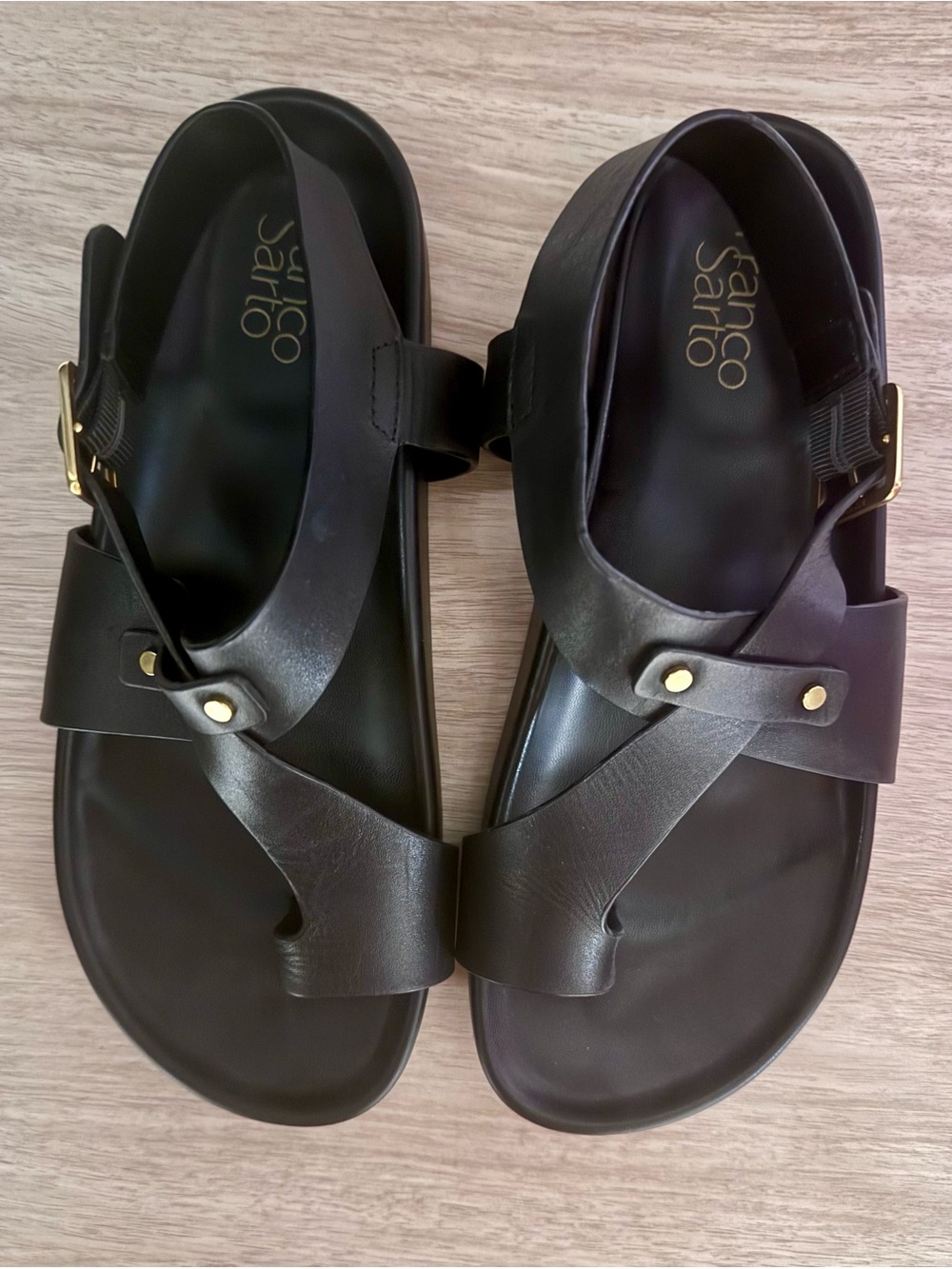 Franco Sarto Black Leather Cross-Strap Sandals with Gold Accents
